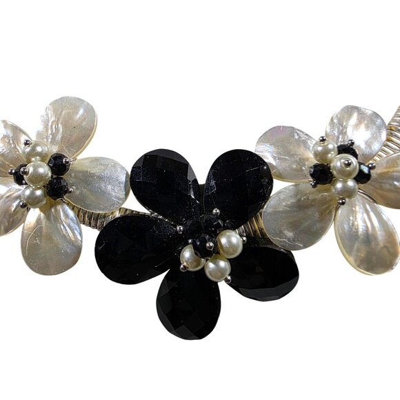 Gardenia Pearl & Black Flower Necklace Adjustable Closure floral statement MOP - Picture 2 of 7